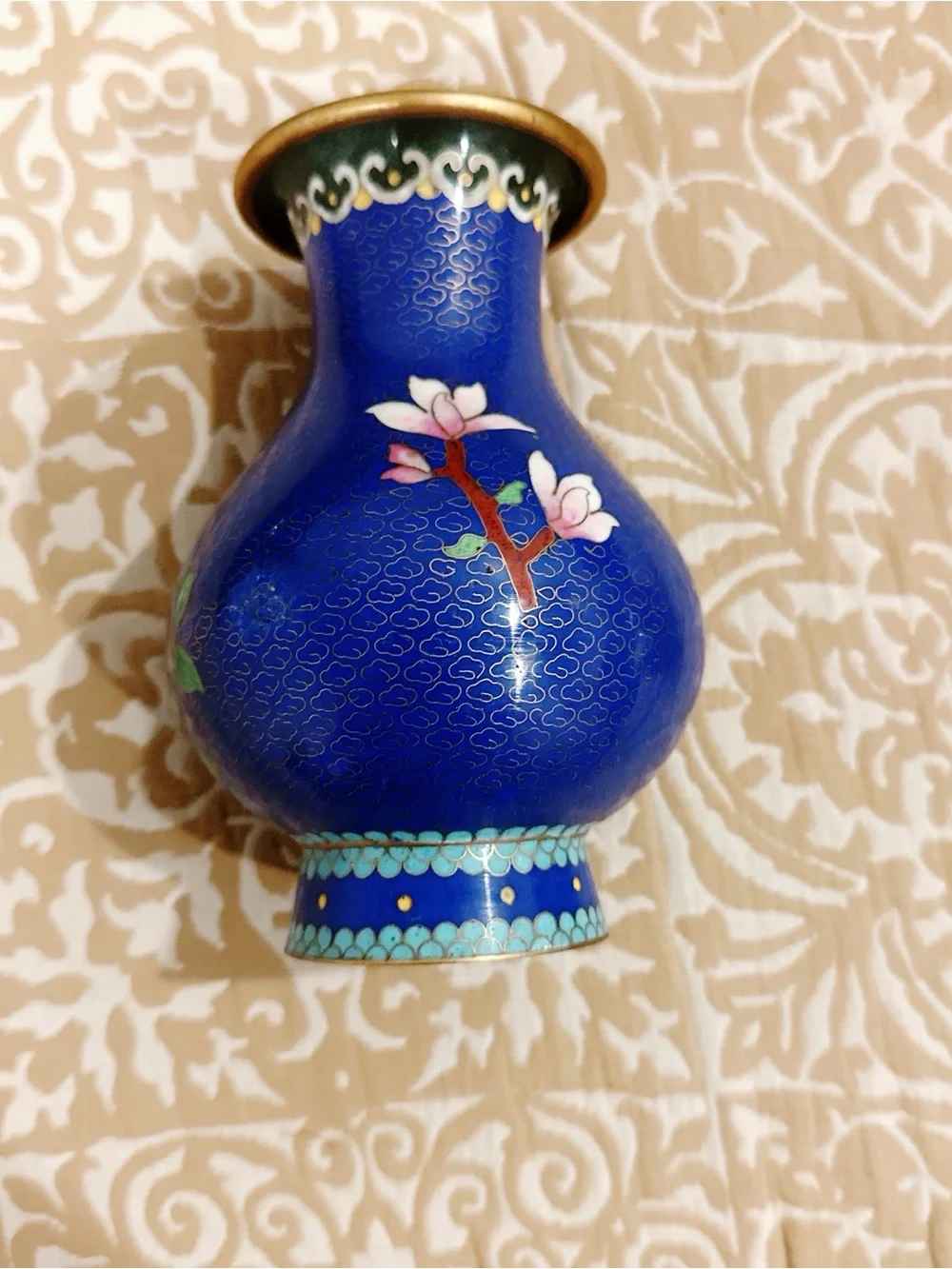 Vintage Blue Cloisonné Floral Vase with White and Green Accents